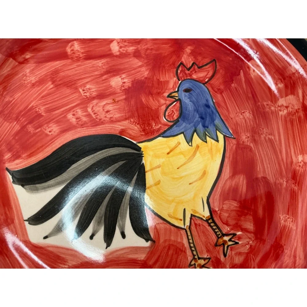 Vintage Rooster Ceramic Plates Set of 3 Polka Dot Rim 8 Inch Farmhouse